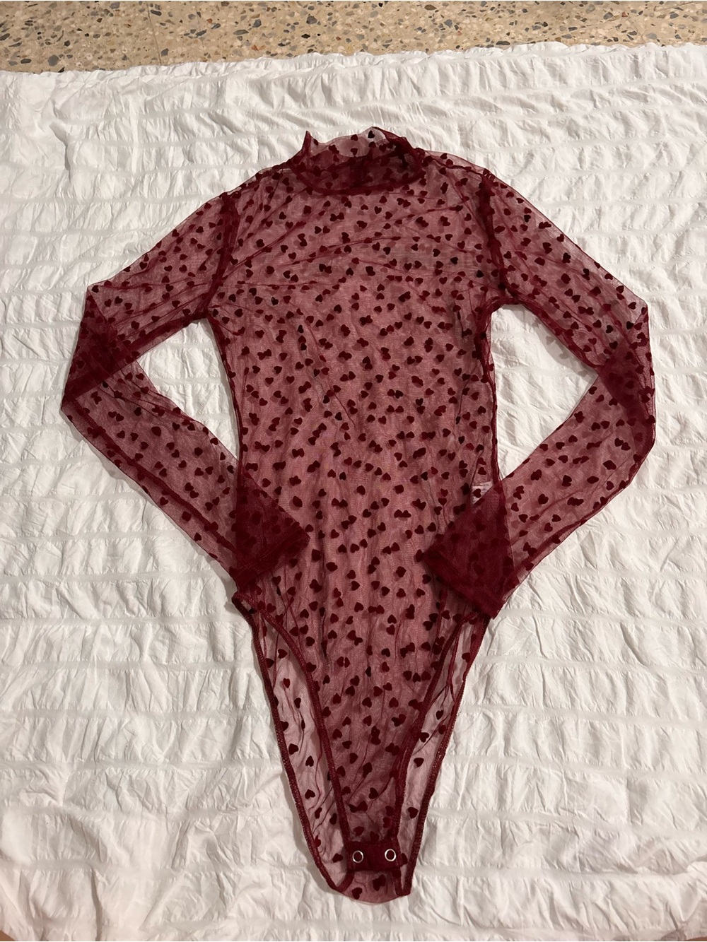 Forever 21 Burgundy Sheer Heart Mesh Bodysuit – Size M